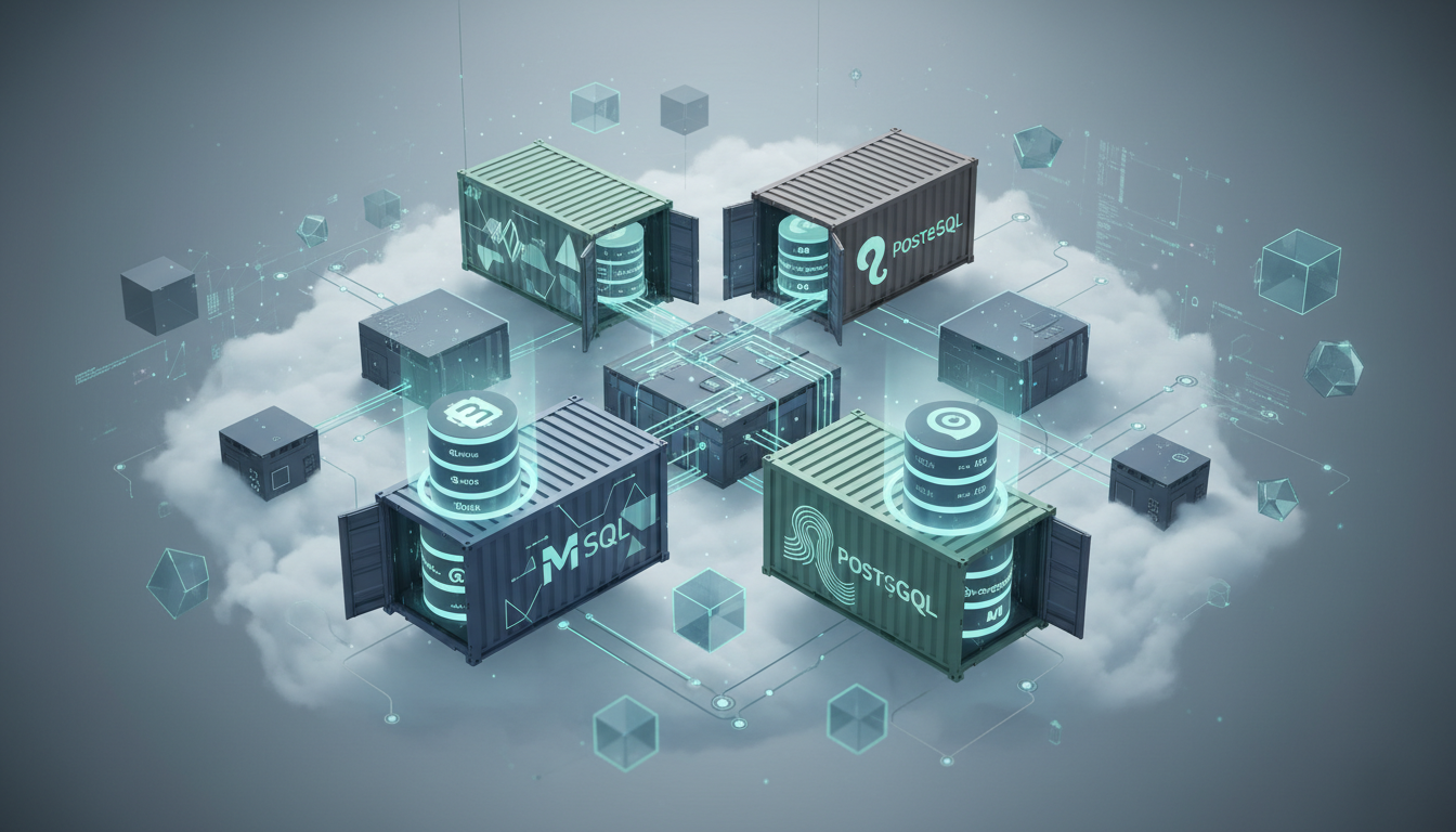 Illustration of shipping containers in a digital cloud with database symbols and glowing data connections