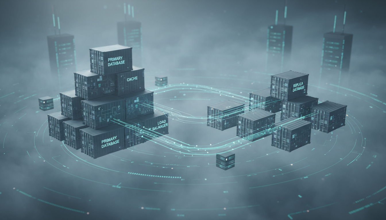 Floating shipping containers connected by glowing data streams in a misty digital environment with server silhouettes