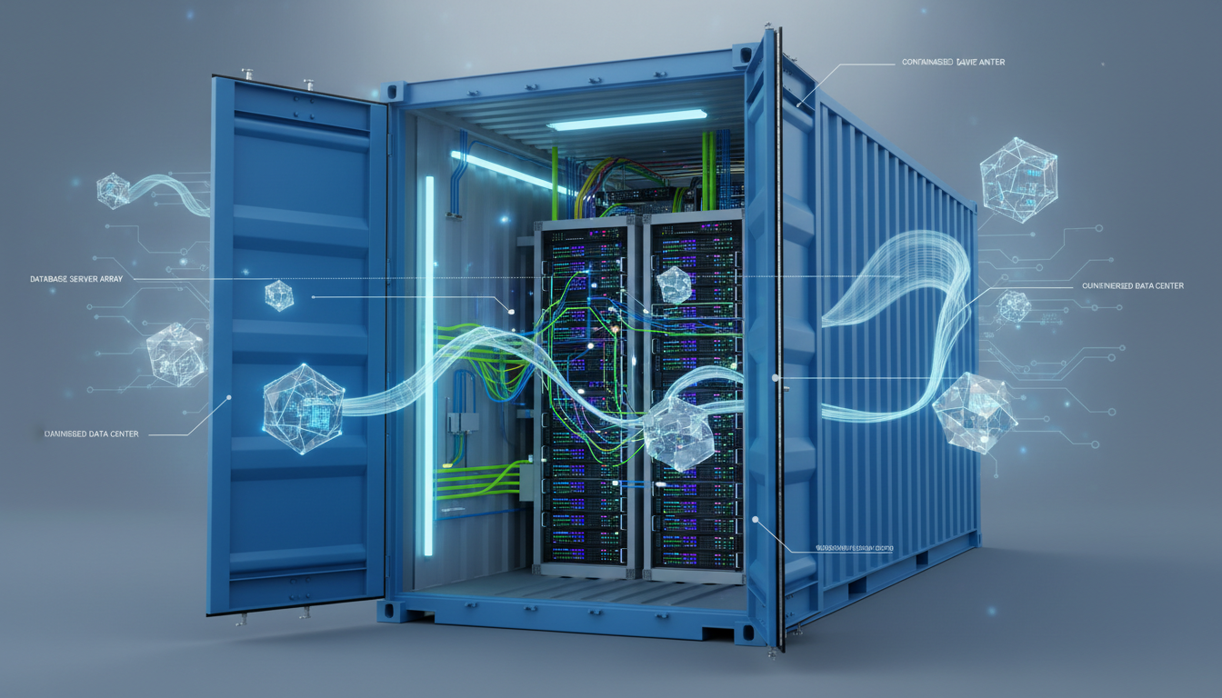 Blue shipping container with open door revealing illuminated database server rack and floating data cubes